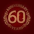 Golden emblem of sixtieth anniversary. Celebration patterned sign on red
