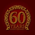 Golden emblem of sixtieth years anniversary. Celebration patterned logotype with shadow on red