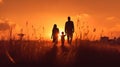 Golden Embrace: Happy Family Silhouette in Meadow at Sunset