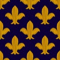 Golden embroidered royal lily ornament on dark blue seamless pattern, vector