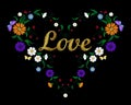 Golden embroidery flower heart with lettering word Love Valentine Day