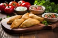 golden empanadas on a rustic wooden board with salsa dip