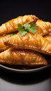 Golden empanadas, stuffed with savory fillings, on a clean white background