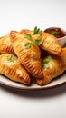 Golden empanadas, stuffed with savory fillings, on a clean white background