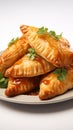 Golden empanadas, stuffed with savory fillings, on a clean white background