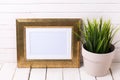 Golden empty frame and grass in pot Royalty Free Stock Photo