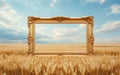 Golden empty painting frame in the crop field. Food production background.