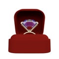 Golden engagement ring with a big diamond in a red gift box. 3d rendering Royalty Free Stock Photo