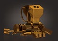 Golden engine disassembled on a black