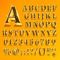 Golden English alphabet on yellow background. Vector