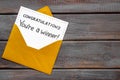 Golden envelope with award card Congratulations You are a winner. Overhead view