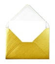 Golden envelope and white card with copy space