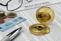 Golden Ethereum and Bitcoin coins on mockup newspaper page Royalty Free Stock Photo