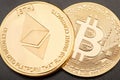 Golden Ethereum and Bitcoin on black background