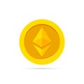 Golden ethereum coin. Cryptocurrency blockchain coin ethereum symbol. Vector illustration.