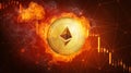 Golden Ethereum coin falling in fire flame.