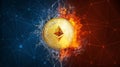 Gold ethereum coin hard fork in fire flame, lightning and water splashes.