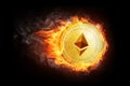 Golden ethereum coin flying in fire flame.