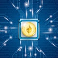 Golden Ethereum Coin Microchip Processor Lights