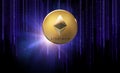 Golden ethereum coin over binary code on black