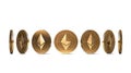Golden Ethereum coin shown from seven angles isolated on white background. Easy to cut out and use particular coin angle.