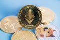 golden Ethereum ETH group included with Cryptocurrency coin Dogecoin DOGE, bitcoin BTC, Binance Coin, Zcash TRON symbol Virtual Royalty Free Stock Photo