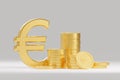 Golden euro currency sign. euro stacked golden coins. grey background. Rise in profits, budget fees. Investments. Raise incomes, Royalty Free Stock Photo