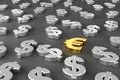 Golden euro sign in the midst of silver dollar signs. 3D rendering Royalty Free Stock Photo