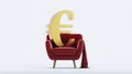 golden euro sign on top of red sofa isolated on white background Royalty Free Stock Photo