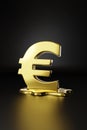 Golden euro symbol melting on dark background. 3d illustration
