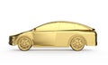 Golden ev car or metallic gold electric vehicle on white background