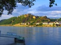 Koblenz, Rhineland-Palatinate, Golden Evening Light on Fortress Ehrenbreitstein on the Rhine, Germany