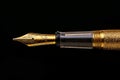 Golden exquisite gold fountain pen on black background, expensive fountain ink pen Royalty Free Stock Photo