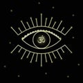 Golden eye with om symbol on black background. Mystical sign vector illustration for decoration