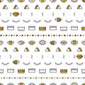 Golden eyes pattern with lips, crown, lightning and geometric shapes in memphis style. Fashion background in 80s