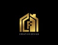 Golden F Letter Logo. Minimalist gold house shape with negative F letter, Real Estate Building Icon Design Royalty Free Stock Photo