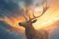 Golden fabled stag on fiery sky background. Generate ai