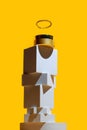 Golden face cream with a halo like a god, on a tower of geometric shapes, on a bright yellow background