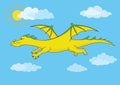 Golden fairy dragon flies in the blue sky