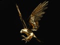 A golden falcon spreading its wings. Side view. 3D illustration