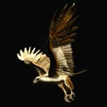 A golden falcon swooping posture. Side view. 3D illustration