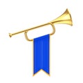 Golden Fanfare Trumpet with Blue Flag. 3d Rendering Royalty Free Stock Photo
