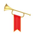 Golden Fanfare Trumpet with Red Flag. 3d Rendering