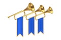 Golden Fanfare Trumpets with Blue Flags. 3d Rendering