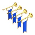 Golden Fanfare Trumpets with Blue Flags. 3d Rendering Royalty Free Stock Photo