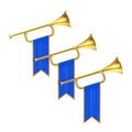 Golden Fanfare Trumpets with Blue Flags. 3d Rendering Royalty Free Stock Photo