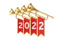 Golden Fanfare Trumpets with 2022 New Year Red Flags. 3d Rendering Royalty Free Stock Photo