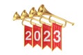 Golden Fanfare Trumpets with 2023 New Year Red Flags. 3d Rendering Royalty Free Stock Photo