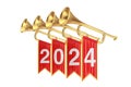 Golden Fanfare Trumpets with 2024 New Year Red Flags. 3d Rendering Royalty Free Stock Photo