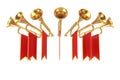 Golden Fanfare Trumpets with Red Flags. 3d Rendering Royalty Free Stock Photo